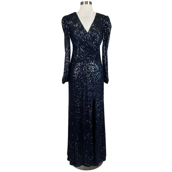 AQUA Women's Formal Dress Size 6 Blue Sequined Long Sleeve Thigh Slit Gown - Picture 1 of 14